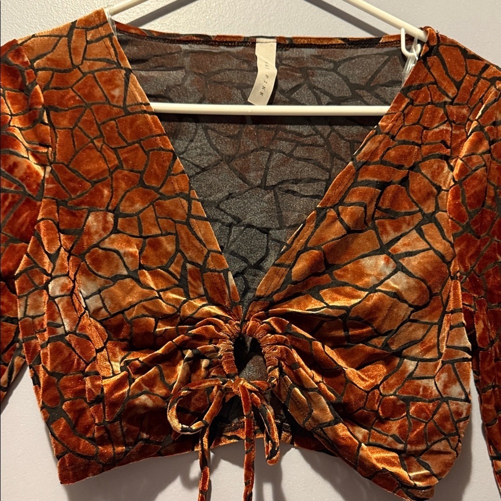 Velvet Drawstring Cropped Long Sleeve Top - Copper Brown - Picture 2 of 9
